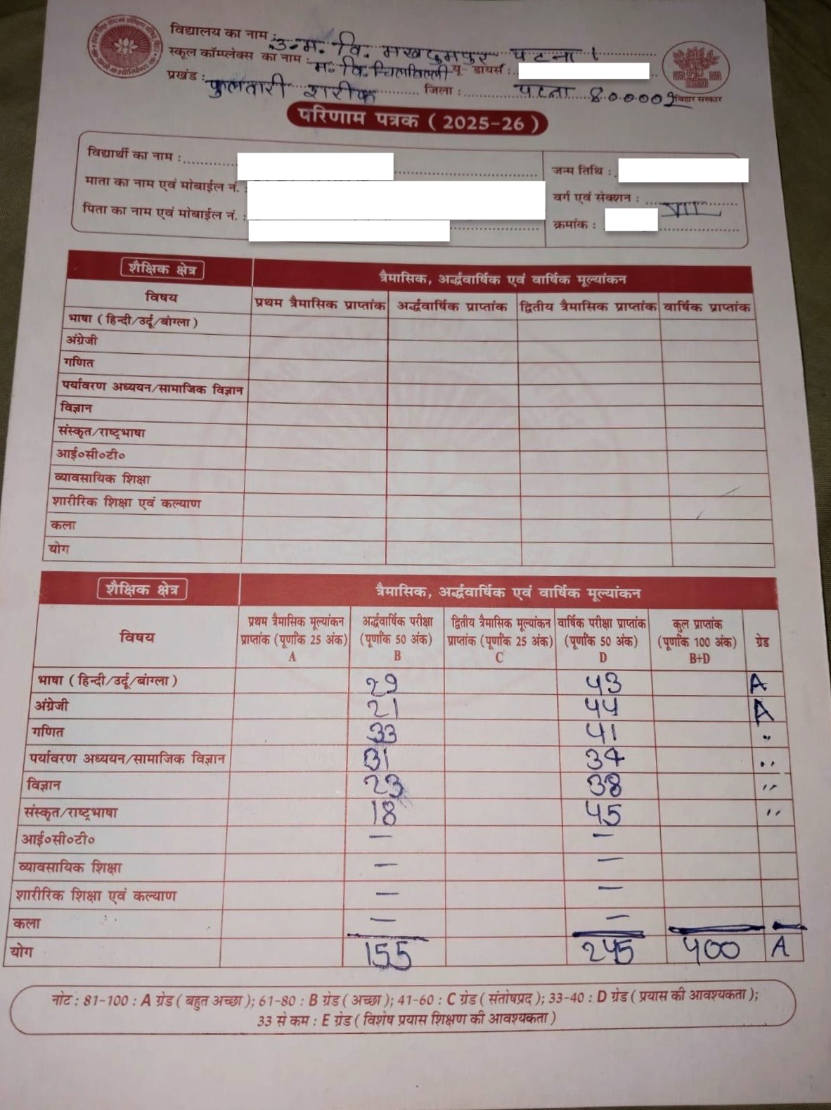The 2025–2026 report card, page 1, with identifying details removed.